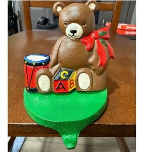 Vintage Lillian Vernon Cast Iron Teddy Bear stocking holder with Drum ABC Block